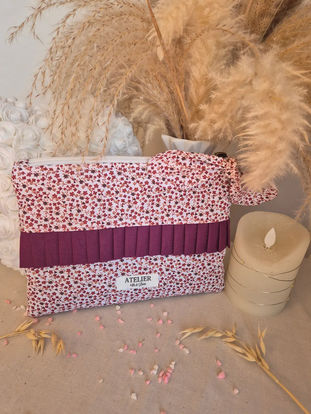 Pochette Plate "Violette" – Fleuri Rose Poudré & Prune – 2 tailles au choix