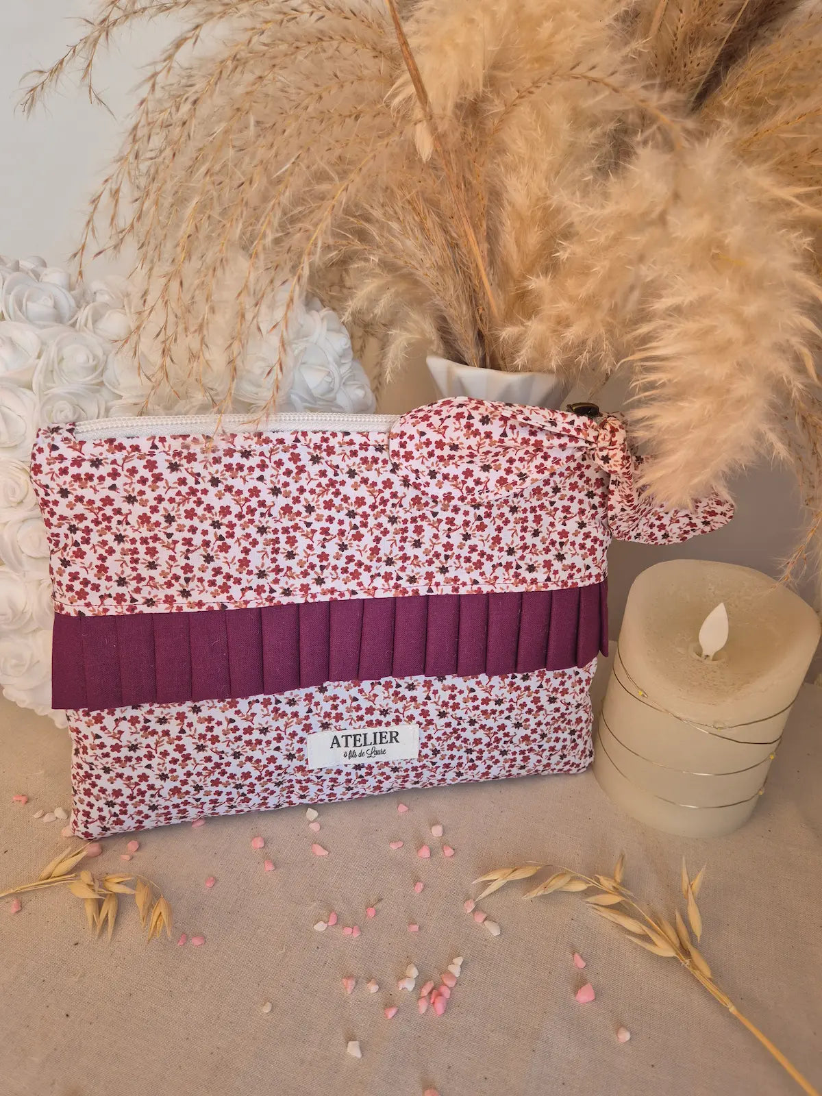 Pochette Plate "Violette" – Fleuri Rose Poudré & Prune – 2 tailles au choix