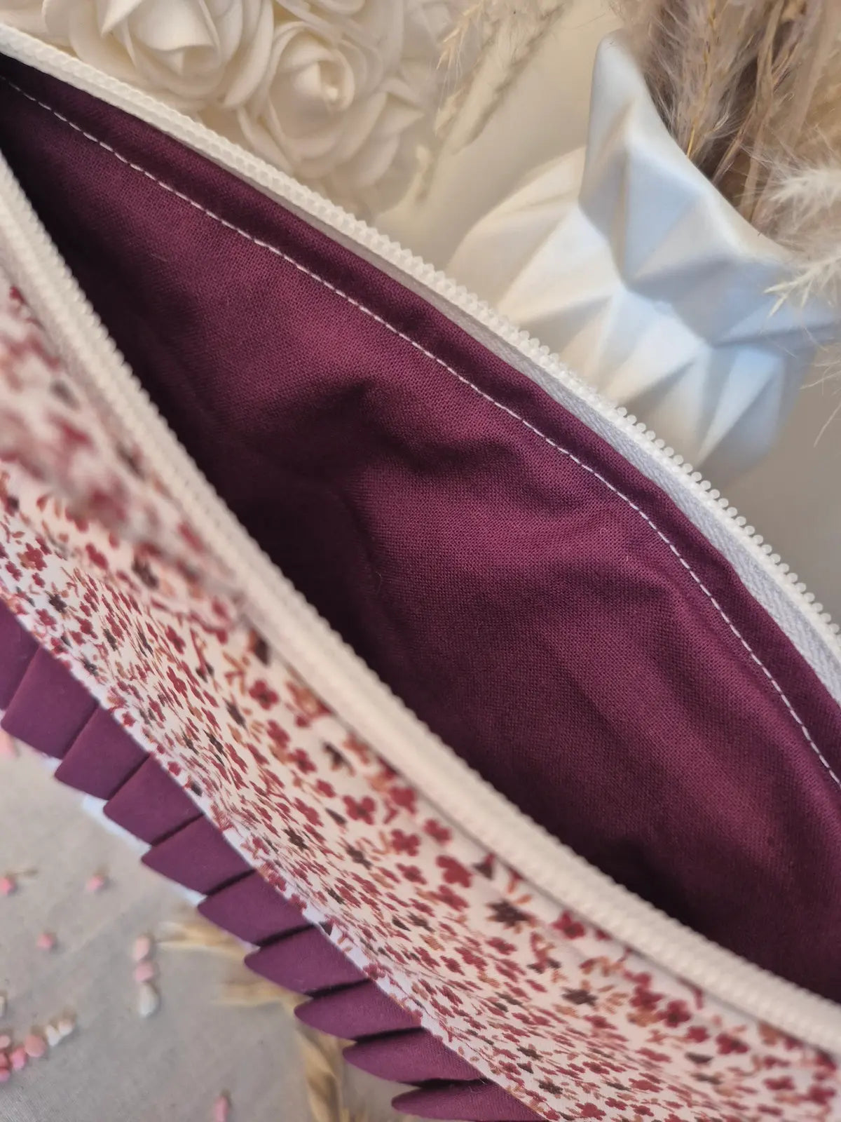 Pochette Plate "Violette" – Fleuri Rose Poudré & Prune – 2 tailles au choix