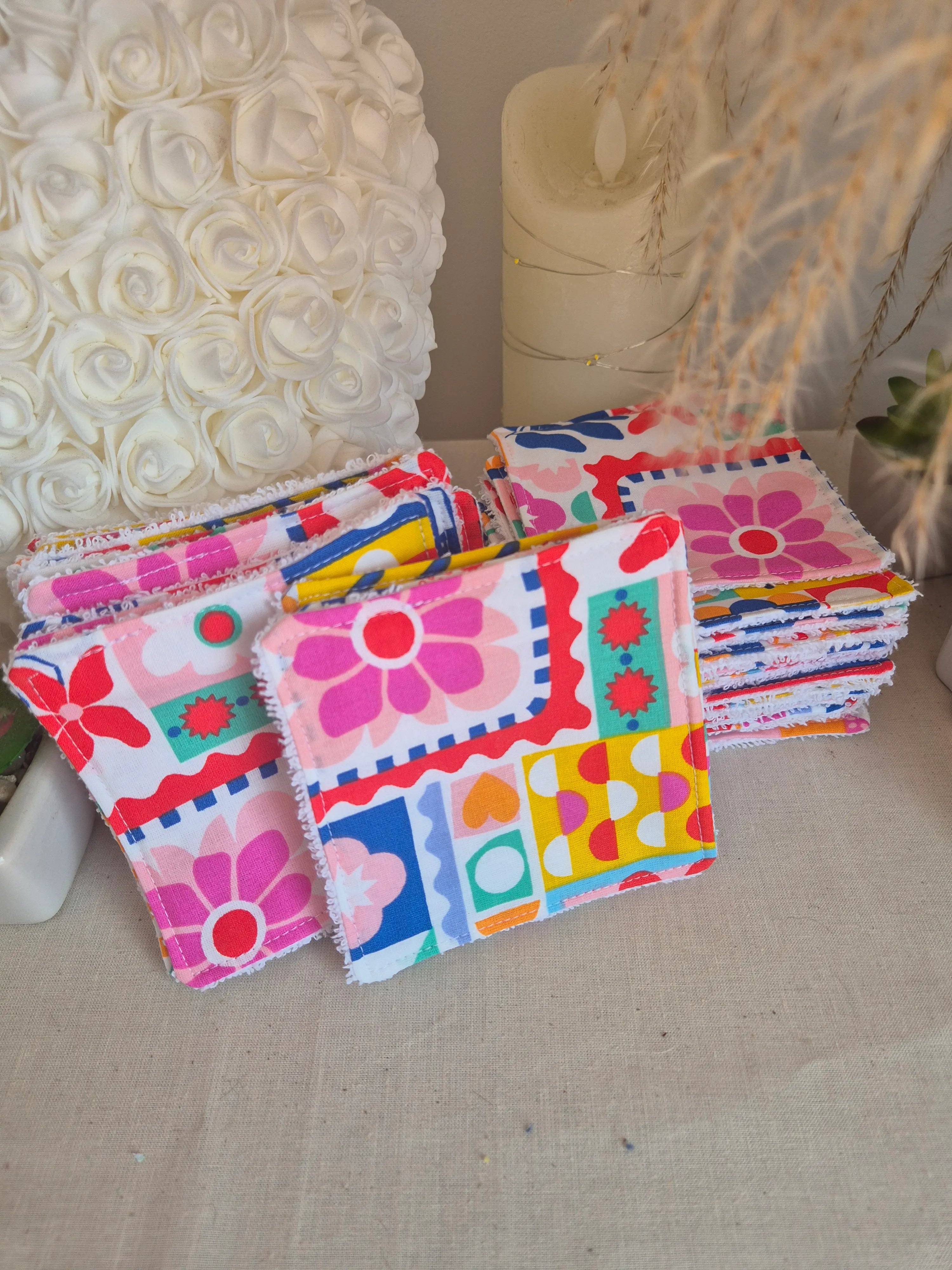 Coton Lavables Patchwork Fleuri Pop Mauve | 10 x 10 cm