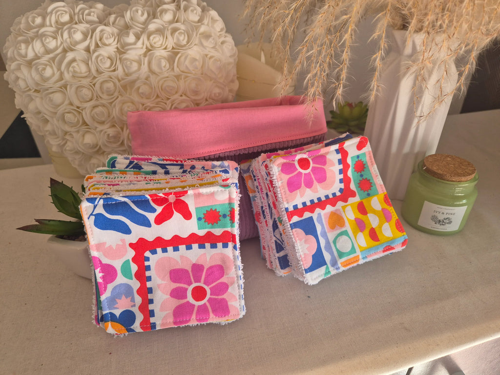 Coton Lavables Patchwork Fleuri Pop Mauve | 10 x 10 cm